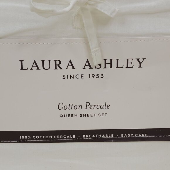 Laura Ashley Queen Sheet Set Cotton Percale Green Heart Embroider Cool Air Flow - Picture 7 of 10